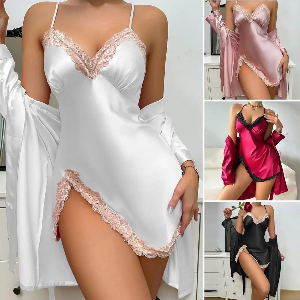 Conjuntos de pijama sedoso de satén para mujer, camisón de encaje con bata, Mini camisón, traje de 2 piezas, ropa de dormir