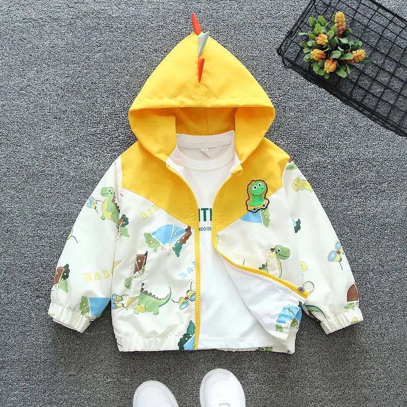 Chaqueta con capucha de dinosaurio de dibujos animados para niños pequeños, ropa de abrigo informal, rompevientos, abrigos para niños de 1 a 6 años, Primavera