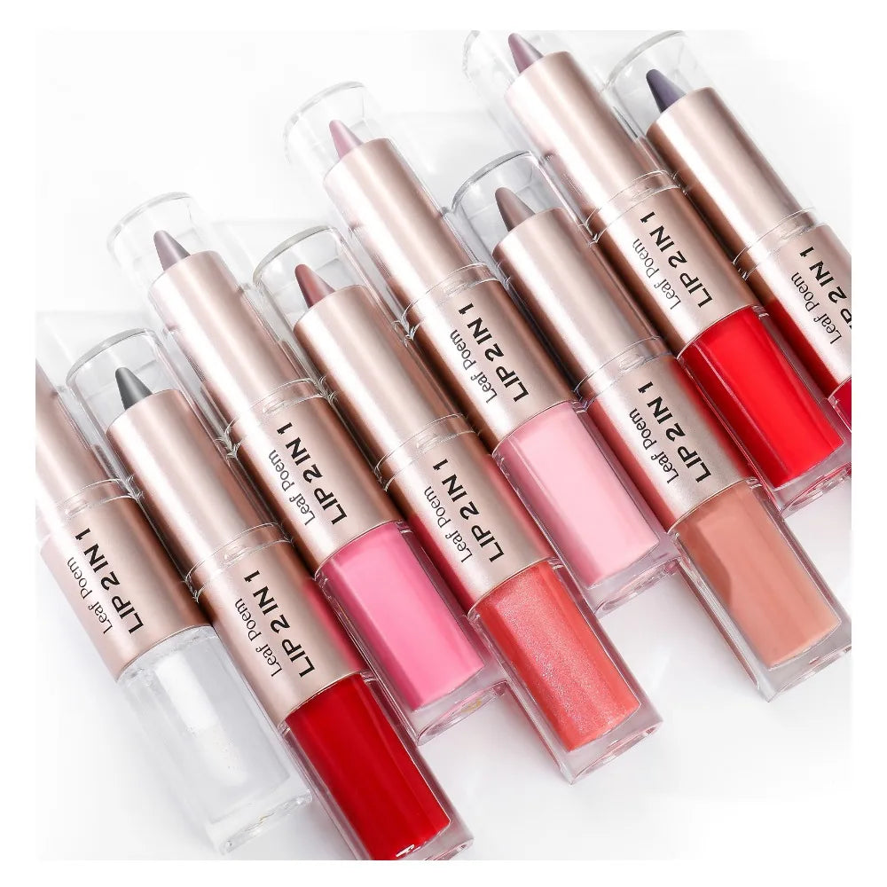 Delineador de labios cónico negro y marrón, lápiz de contorno, espejo de doble cabeza, brillo de labios de cristal, maquillaje de tinte de labios rojos sexis
