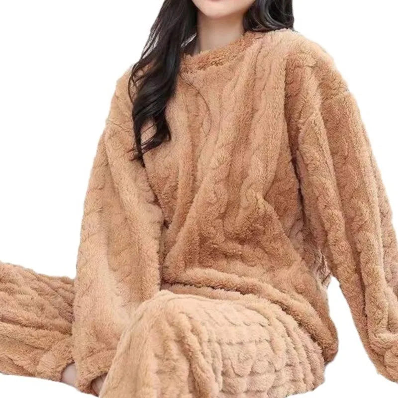 Otoño Invierno suelto dulce Casual pijamas conjunto de mujer de lana gruesa de manga larga Top hogar cintura elástica pantalones largos pantalones