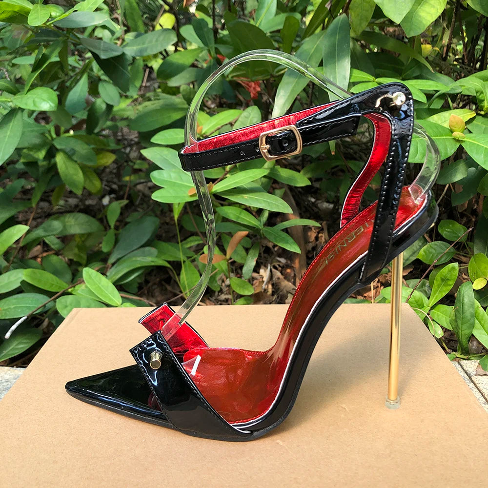 Zapatos de tacón de aguja para mujer, tacones altos de Metal de 12cm, sandalias sexis con correa en el tobillo y punta puntiaguda, modelo fetiche SM Man Drag Queen, zapatos Unisex