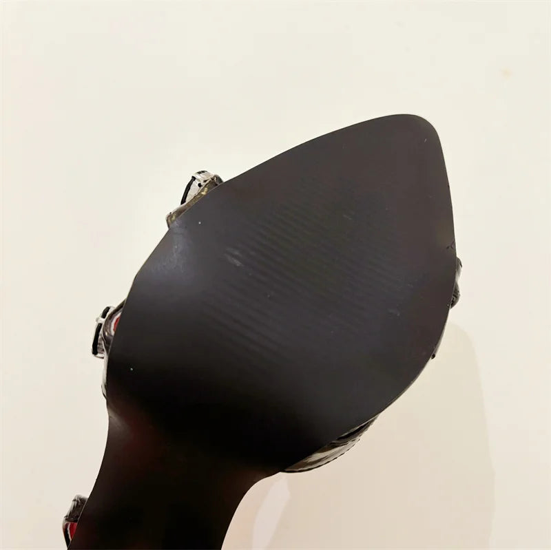Liyke, moda de verano, sandalias de tacón alto Thih de Metal con remaches de gemas y banda estrecha para mujer, zapatos sexis de punta abierta y puntiaguda para vestido de fiesta, talla 41