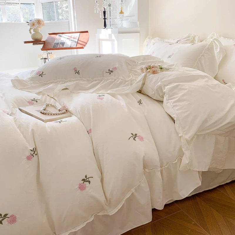 Juego de funda nórdica bordada con rosas de 3 piezas (1 funda nórdica + 2 fundas de almohada, sin núcleo), juego de cama de encaje estilo princesa