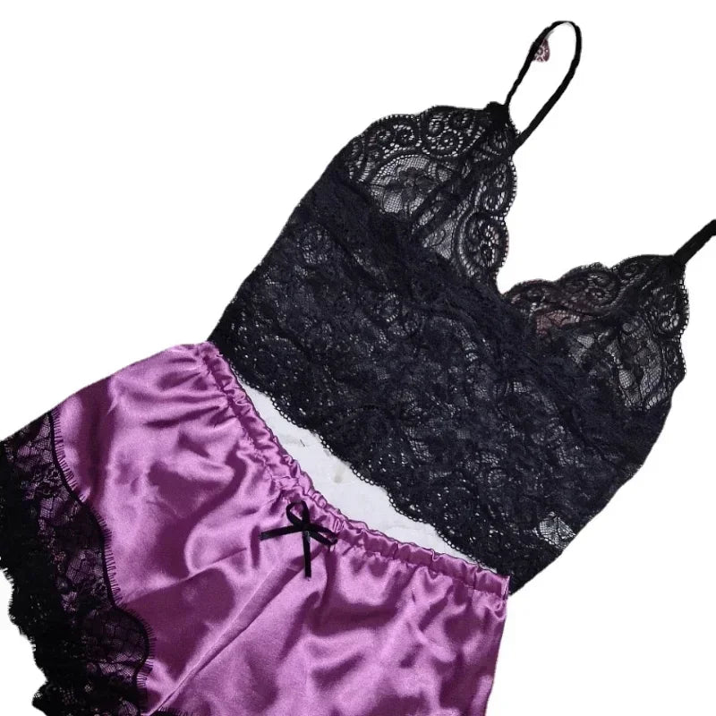 Conjunto de pijamas de 2 piezas para mujer, ropa de dormir, lencería sexy, tops cortos de seda de encaje y pantalones cortos, conjuntos de pijamas informales