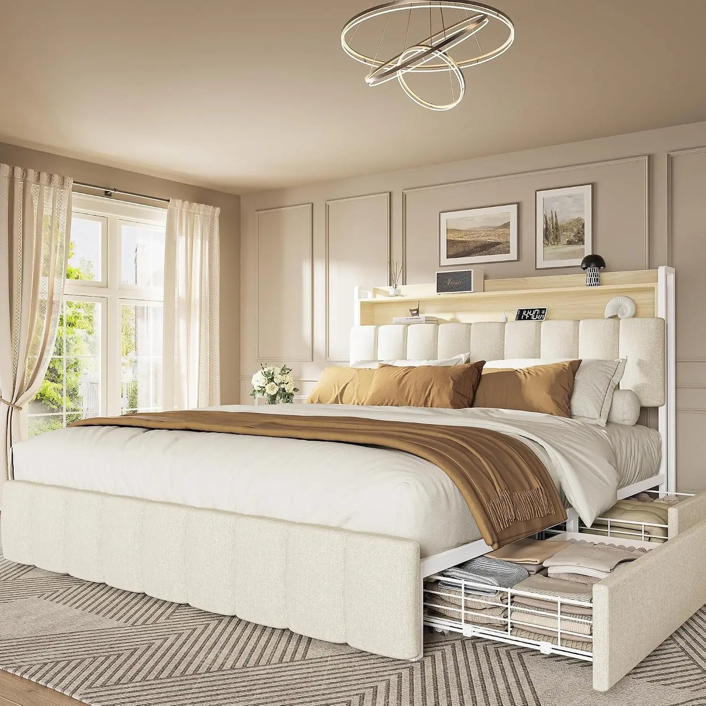 Base de Cama Queen Size con Cabecera Tapizada y Estación de Carga, Base de Cama Queen con 4 Cajones de Almacenamiento, 2 Niveles, Personalizable