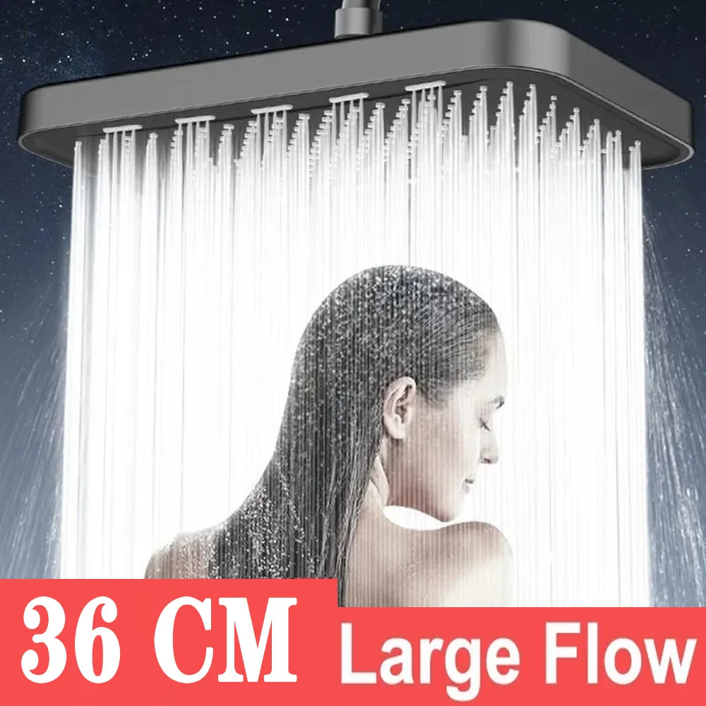Panel grande de 36CM, cabezal de ducha supercargo montado en el techo de gran flujo, conjunto de 3 modos, lluvia de alta presión, accesorios de ducha de baño