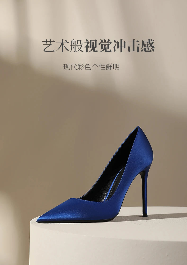 Zapatos de tacón de seda estilo socialité, tacones delgados para mujer, sexy con punta abierta, azules para vestido formal, zapatos individuales de temperamento francés