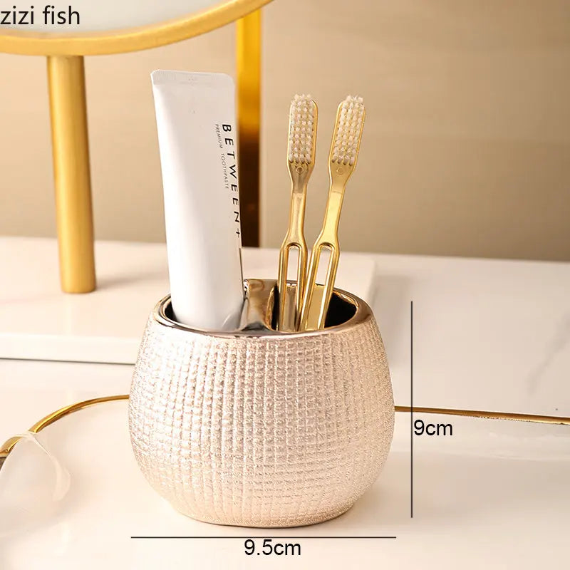 Botella de loción de cerámica de oro rosa, taza de enjuague bucal, soporte para cepillo de dientes, juego de accesorios de baño para el hogar, champú, botella de lavado corporal, jabonera