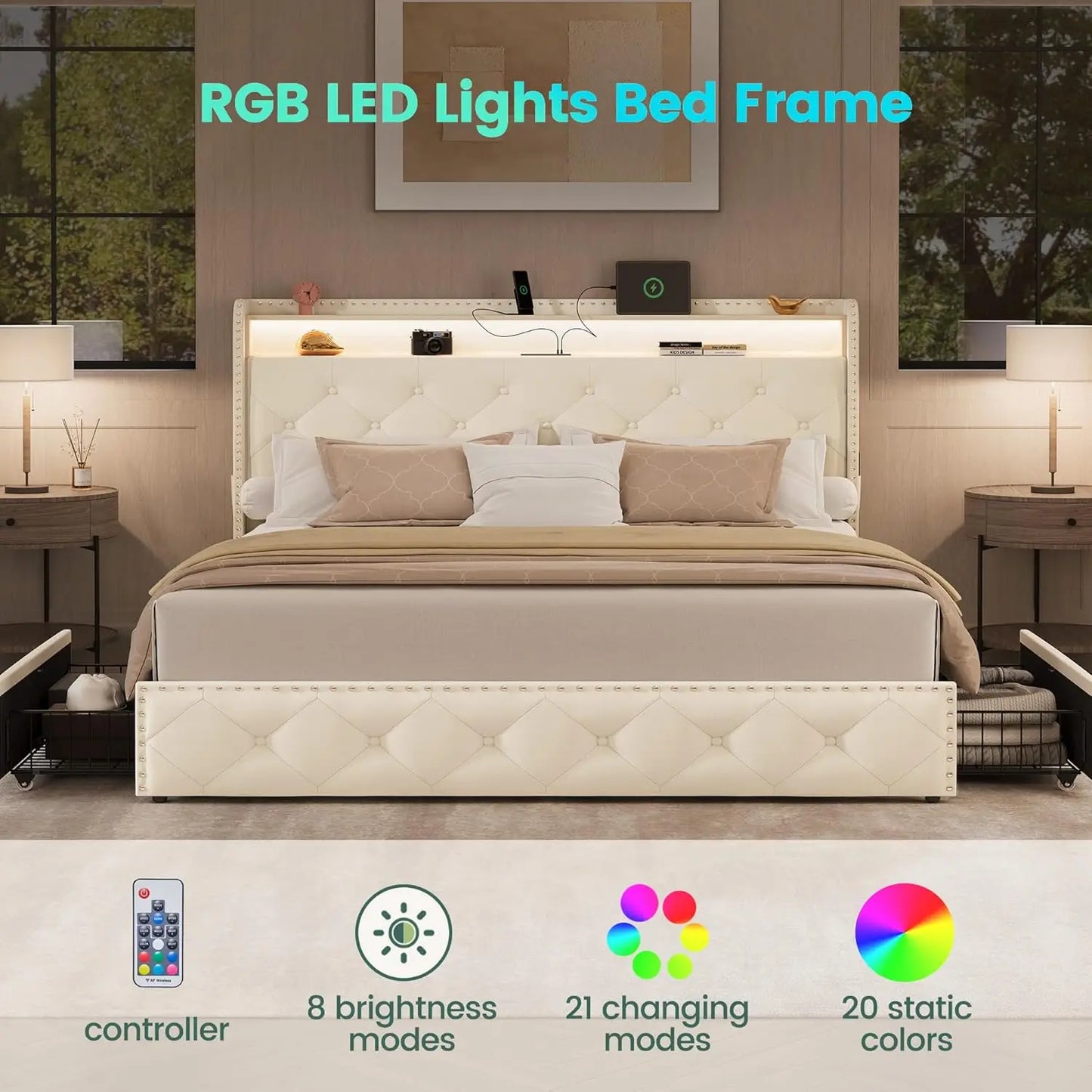 Base de Cama Queen Size con 4 Cajones de Almacenamiento y Estación de Carga, Base de Cama Tapizada en Terciopelo con LED, Personalizable