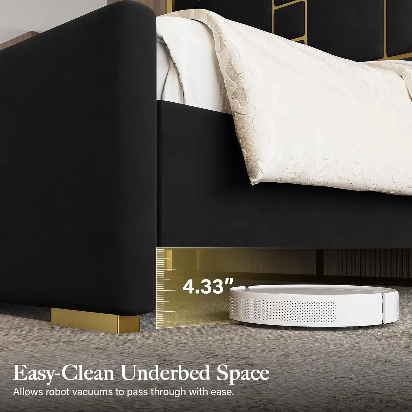 Base de Cama con Cabecera de 55.12 Pulgadas de Alto, Cama de Plataforma Moderna y Lujosa Tapizada en Terciopelo con Detalles en Dorado, Cabecero Ancho, Personalizable