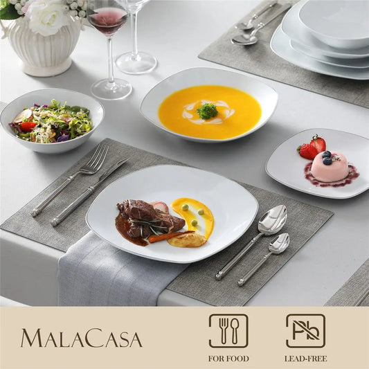 Juegos de vajilla, juego de 24 piezas de platos y tazones de porcelana, juego de vajilla cuadrada blanca con borde negro, platos para servir postres, sal
