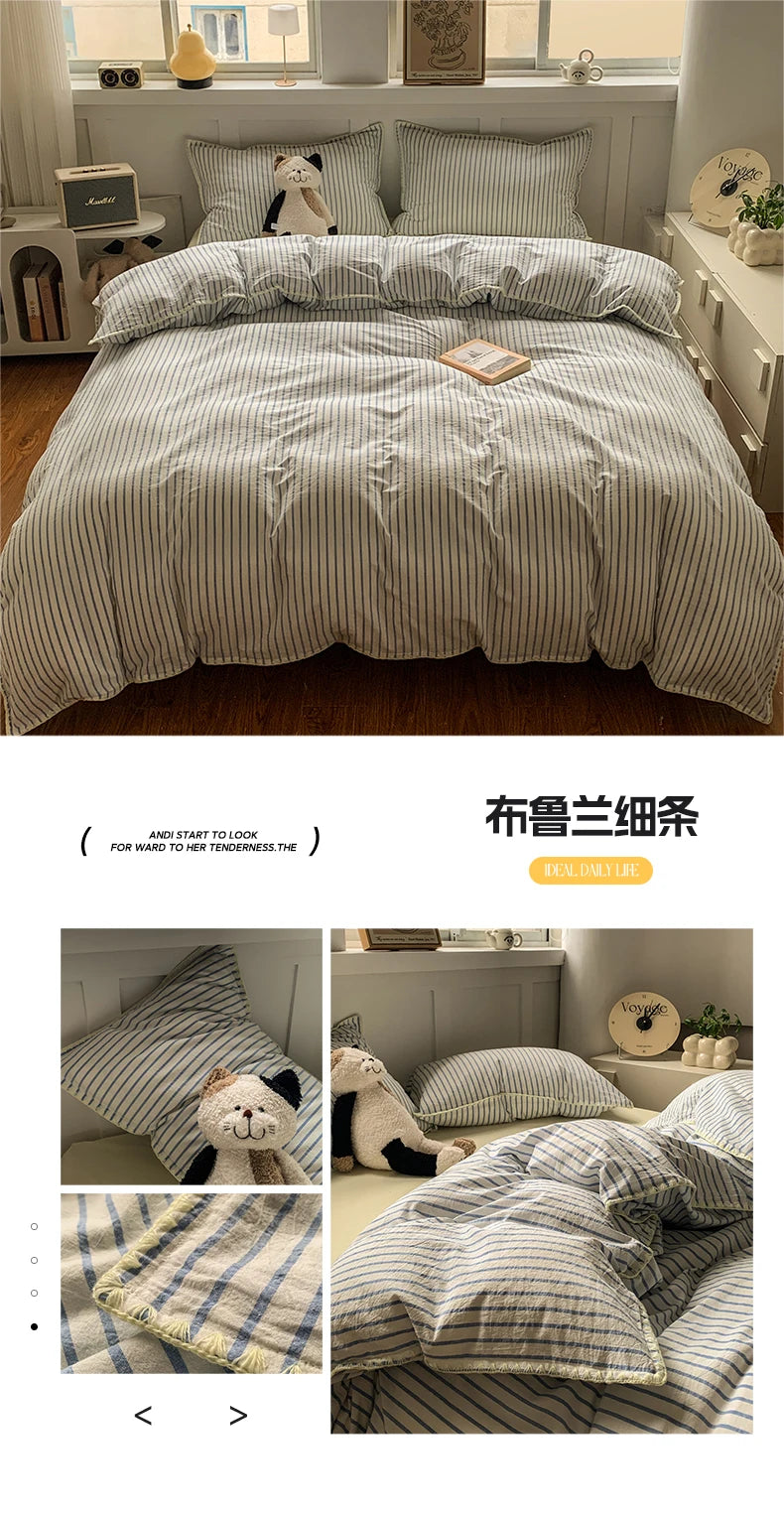 Juego de cama 100% de algodón a rayas, funda nórdica con funda de almohada, funda de edredón, tamaño King