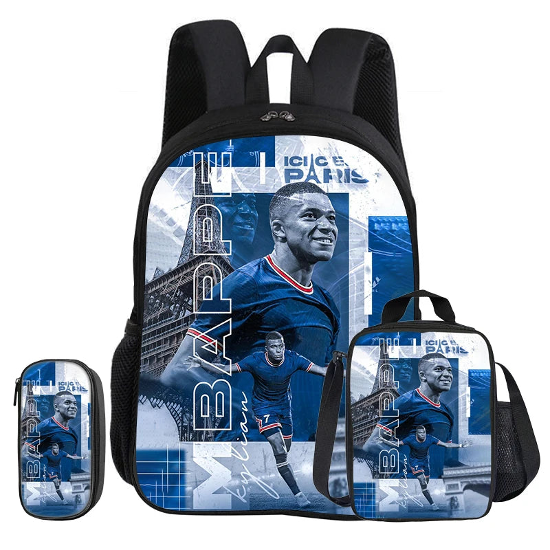 M-Mbappe-Juego de 3 piezas de mochila escolar con diseño de estrella de fútbol para niños, bolsa para lápices, mochila con bolsa para el almuerzo, mochila deportiva, regalo para niños