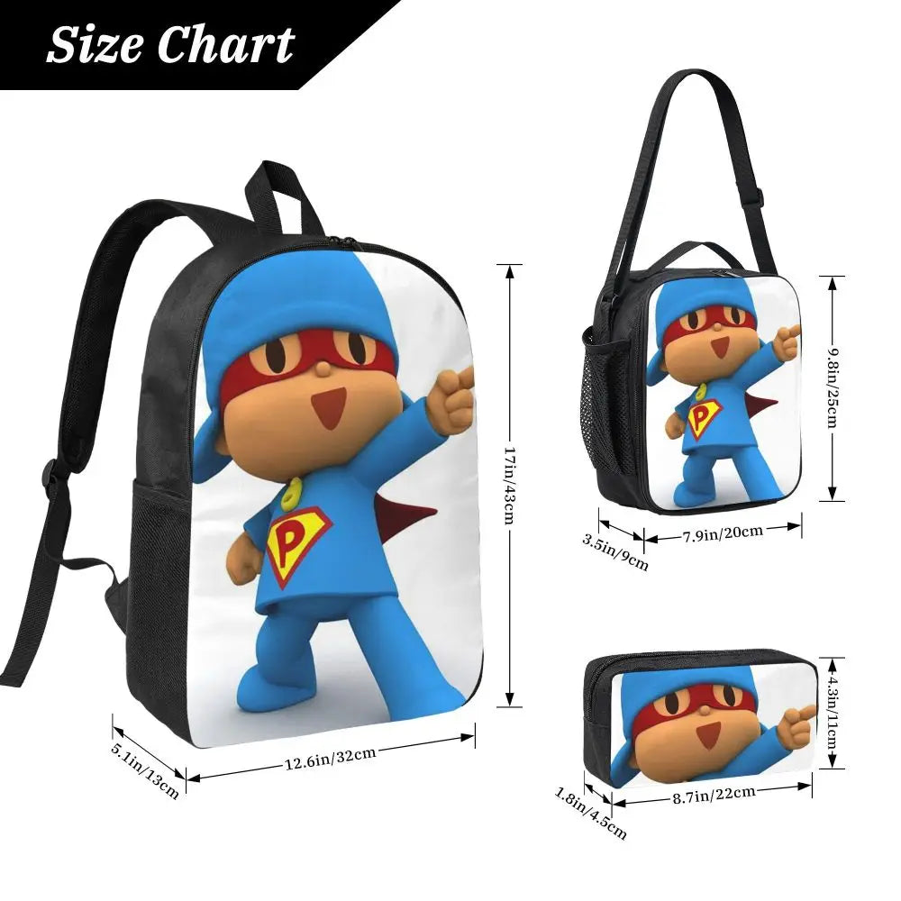 Mochila azul de dibujos animados de Pocoyo para niños, mochila escolar, bolsos de hombro para ordenador, bolsa de almuerzo aislada de 3 piezas, estuche para lápices