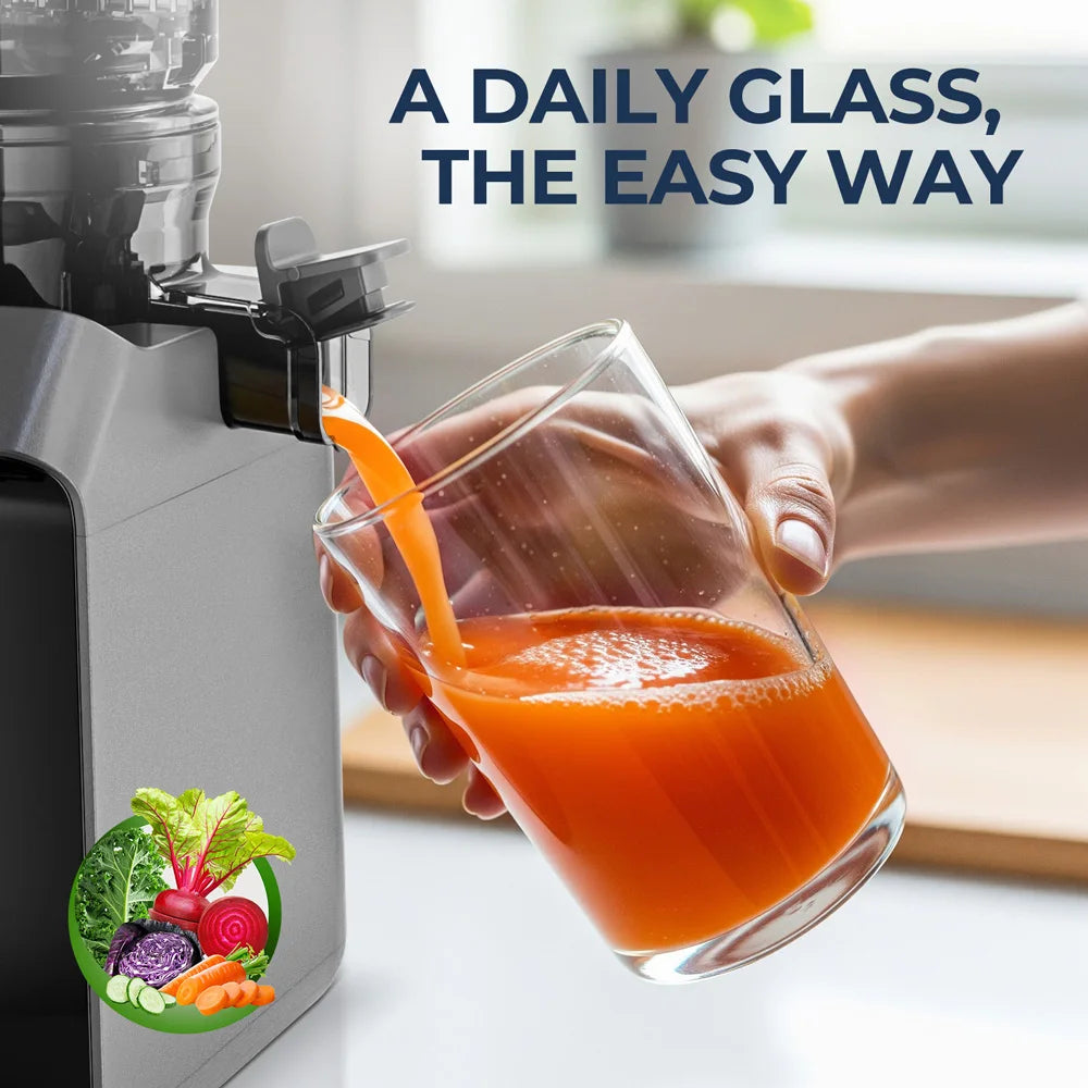 ROUNY Exprimidor lento, extractor de prensa en frío con sin filtro, máquina exprimidora de frutas eléctrica de fácil limpieza con gran calibre, negro