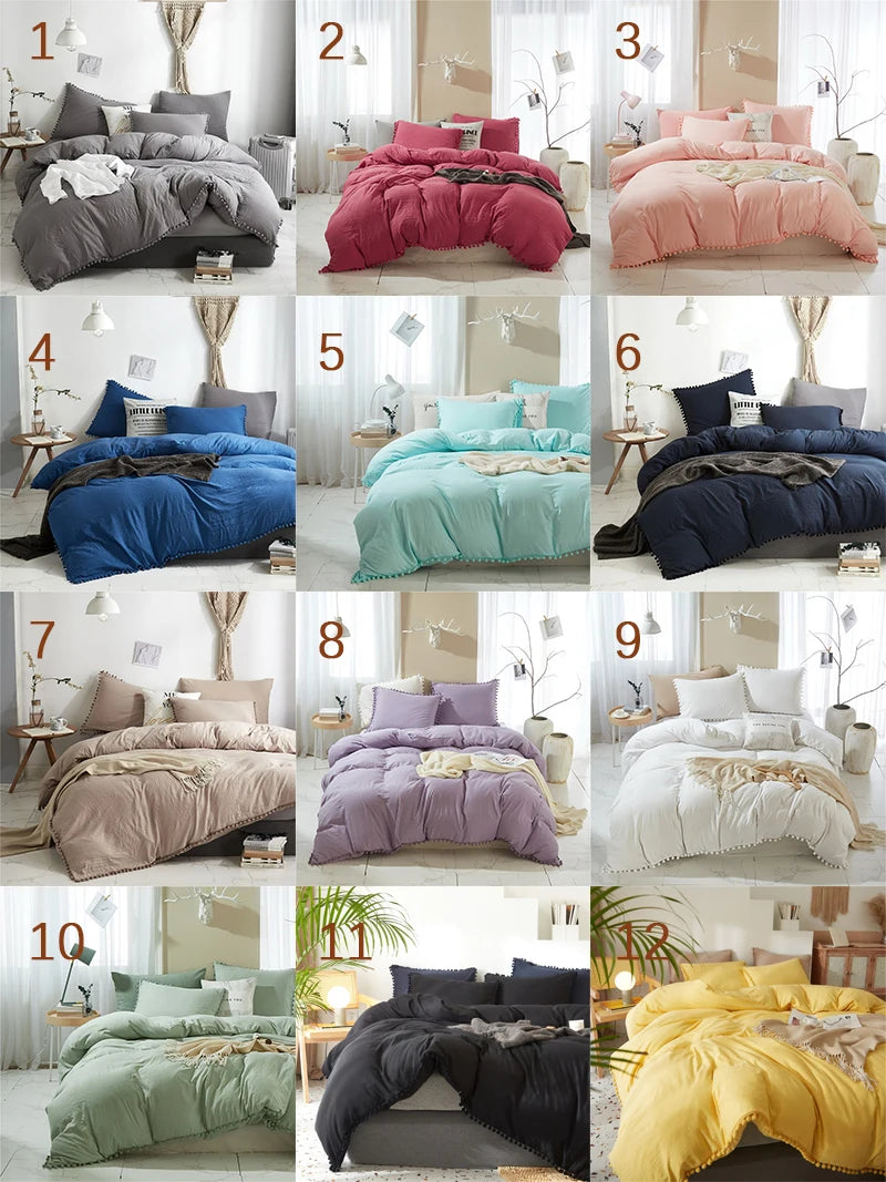 Funda de edredón suave y lavada, Juego de 3 piezas, funda de almohada, juego de ropa de cama para Twin, Full, Queen, King Size, decoración de pompones