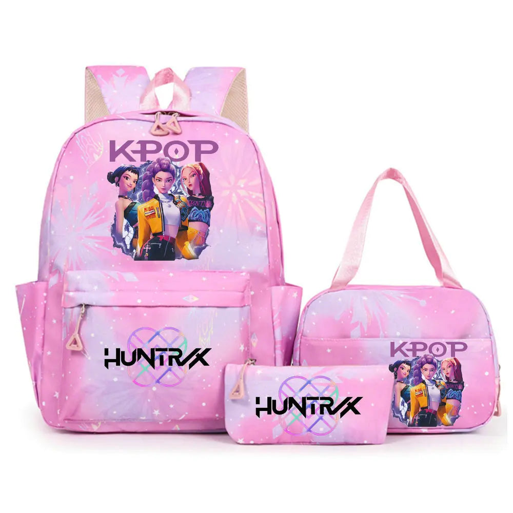 Conjunto de mochila con estampado de KPop Demon Hunters con bolsa para el almuerzo y estuche para lápices, mochila para exteriores de gran capacidad, ligera y transpirable