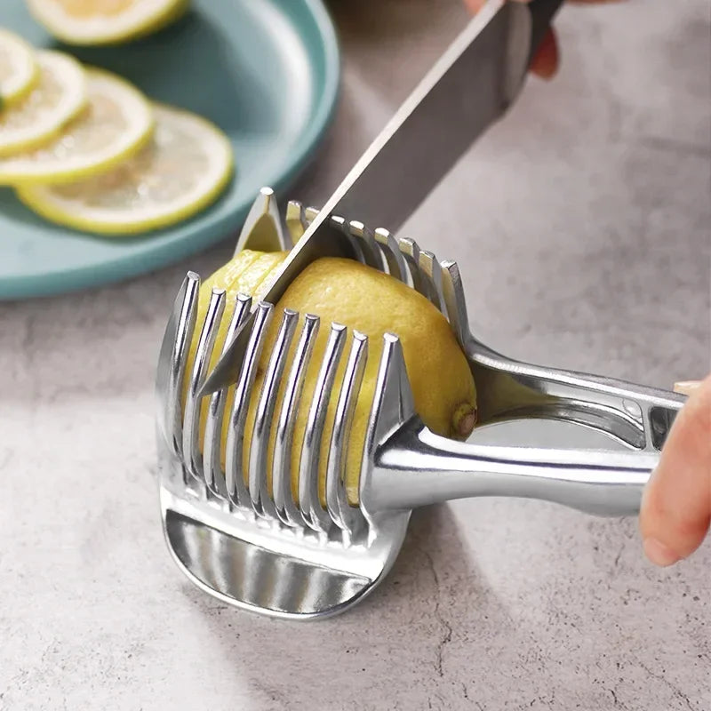 Práctico soporte de acero inoxidable para cebolla, rebanador de patatas, tomate, cortador de frutas y verduras, herramientas de cocina de seguridad, accesorios