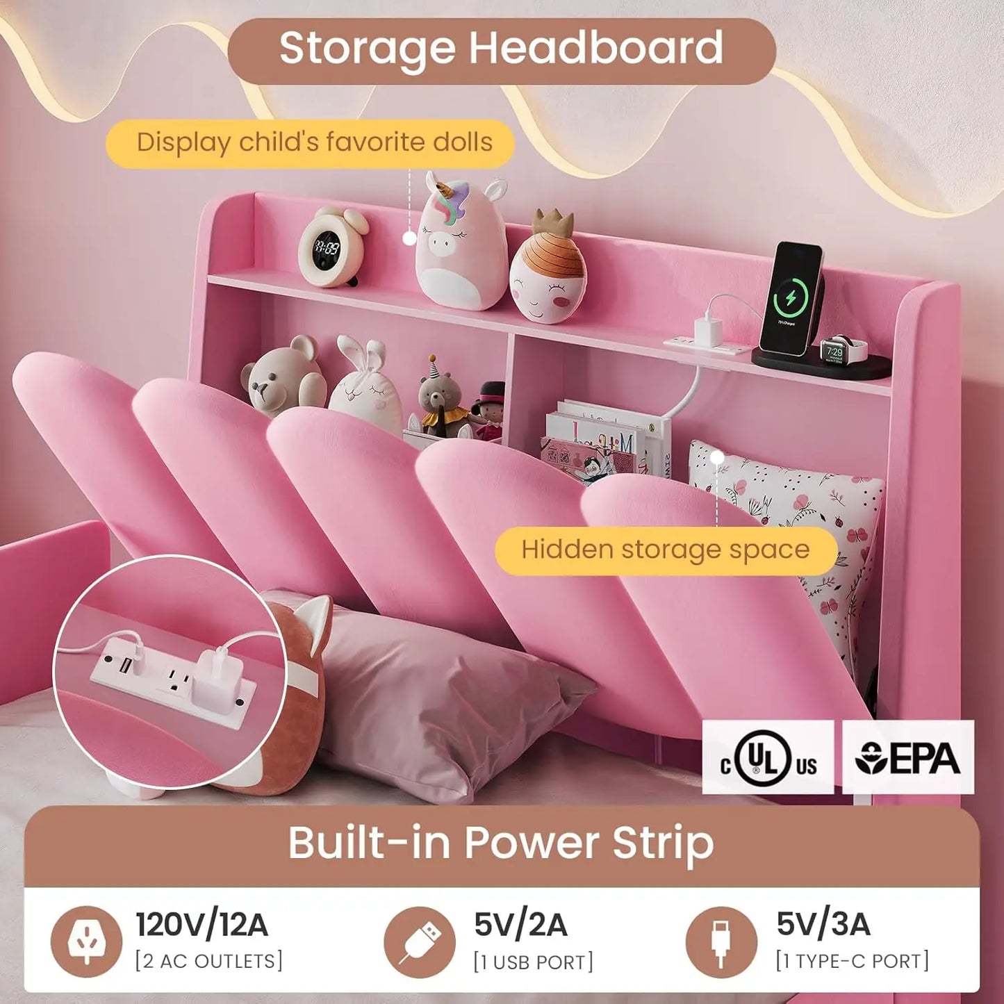 Cama de princesa tamaño twin con cajones de almacenamiento, barandillas de seguridad, plataforma tapizada en terciopelo con luces LED, cabecero ondulado con almacenamiento para niñas