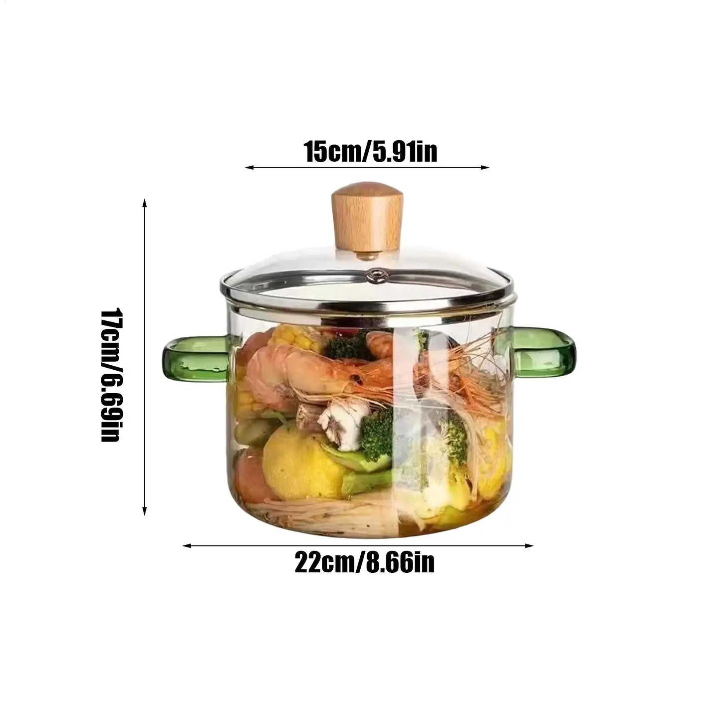 Olla de Vidrio de 1600 ml, Transparente, Resistente al Calor, Calentamiento Rápido, Olla de Vidrio para Cocinar, Olla para Estufa de Gas, Olla de Vidrio de Borosilicato Alto