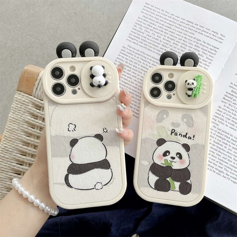 Ins 3D Panda Slide cámara protección funda de teléfono de silicona para iPhone 16 14 12 13 15 Pro Max 11 orejas de dibujos animados cubierta trasera a prueba de golpes