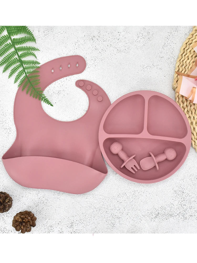 4 unids/set plato de comedor de silicona seguro para bebé, platos sólidos de dibujos animados para niños, juego de vajilla para bebé con cara sonriente, plato Retro para niños