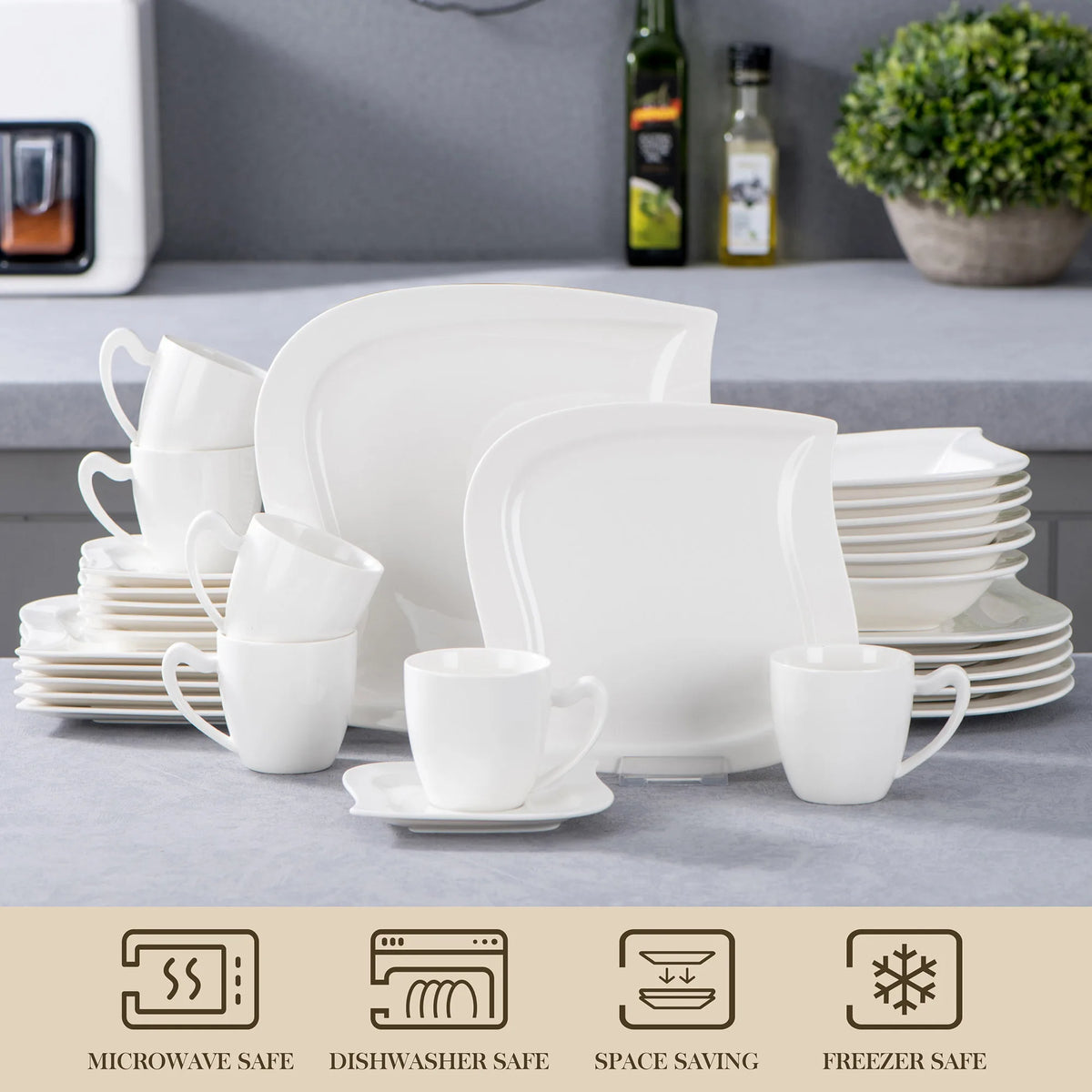 MALACASA-Juego de vajilla de porcelana blanca, juego de tazas, platillos, platos de cena, postre, sopa, servicio de vajilla para 30/60, 6/12 piezas
