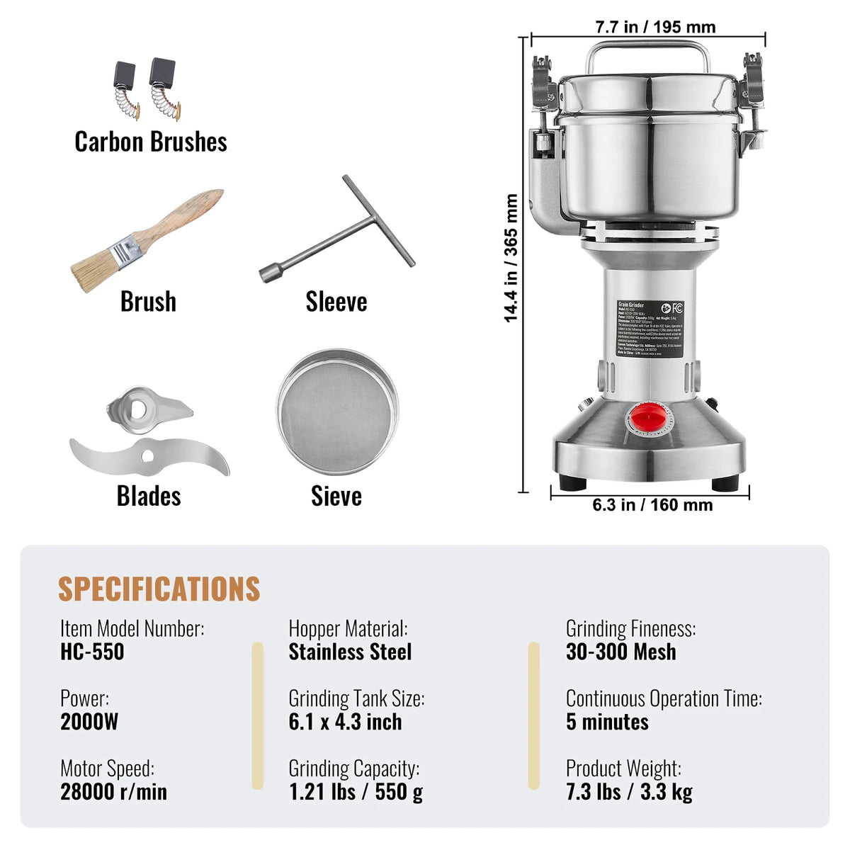 SucceBuy-molinillo de granos eléctrico, molinillos de especias oscilantes comerciales para hierbas secas, granos, especias, cereales, café y maíz, 150-2500g