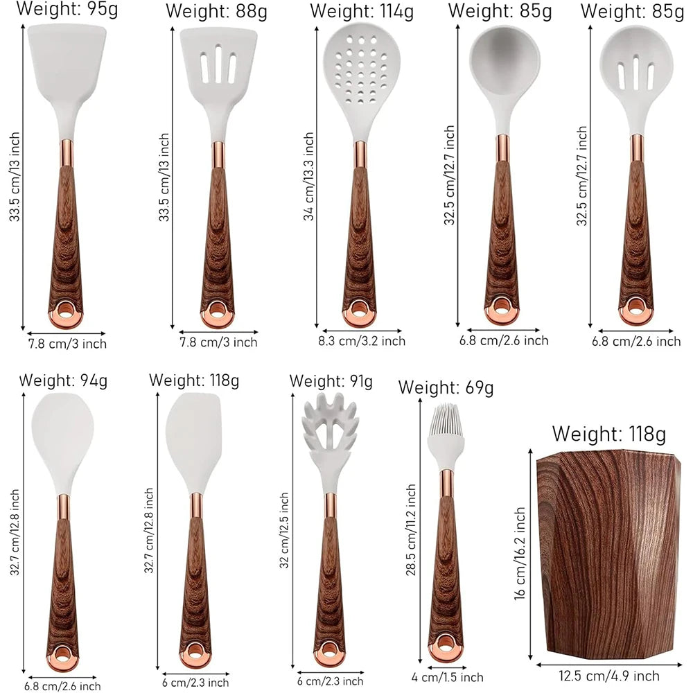 LMETJMA Juego de utensilios de cocina de silicona, 10 Uds., utensilio de cocina con soporte para utensilios, asas de patrón de madera, utensilios de cocina antiadherentes JT264