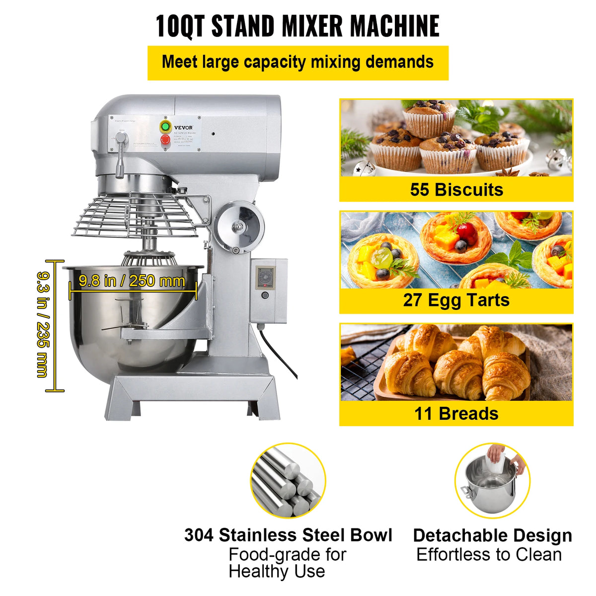 SucceBuy Mezclador de alimentos comercial 10Qt 450W 3 velocidades ajustables 110/178/390 RPM batidor batidor de acero inoxidable resistente Premium