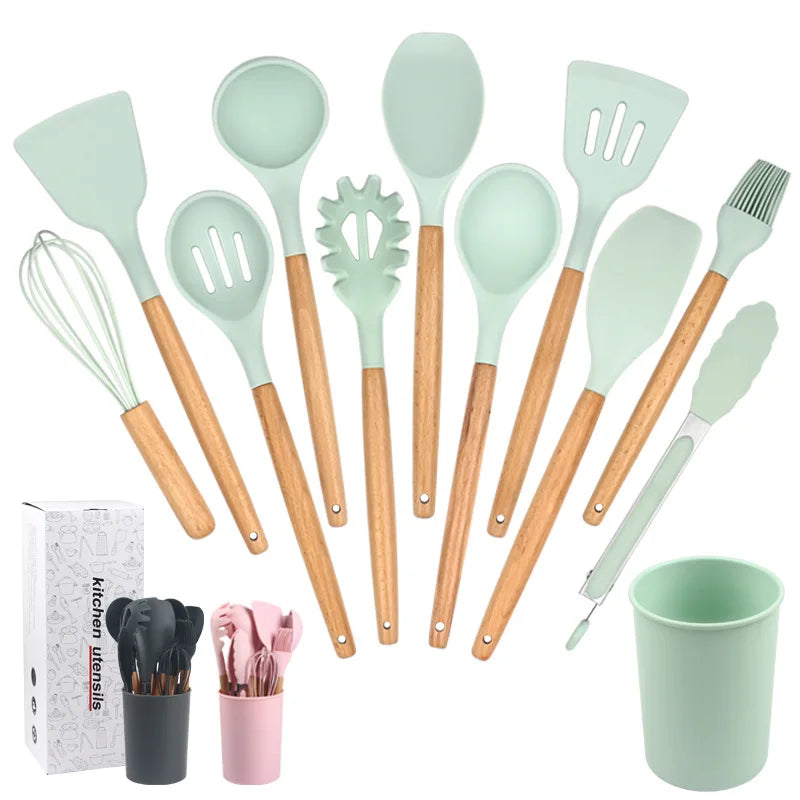 Juego de 12 utensilios de cocina de silicona con mango de madera, espátula antiadherente, cuchara para sopa y freír