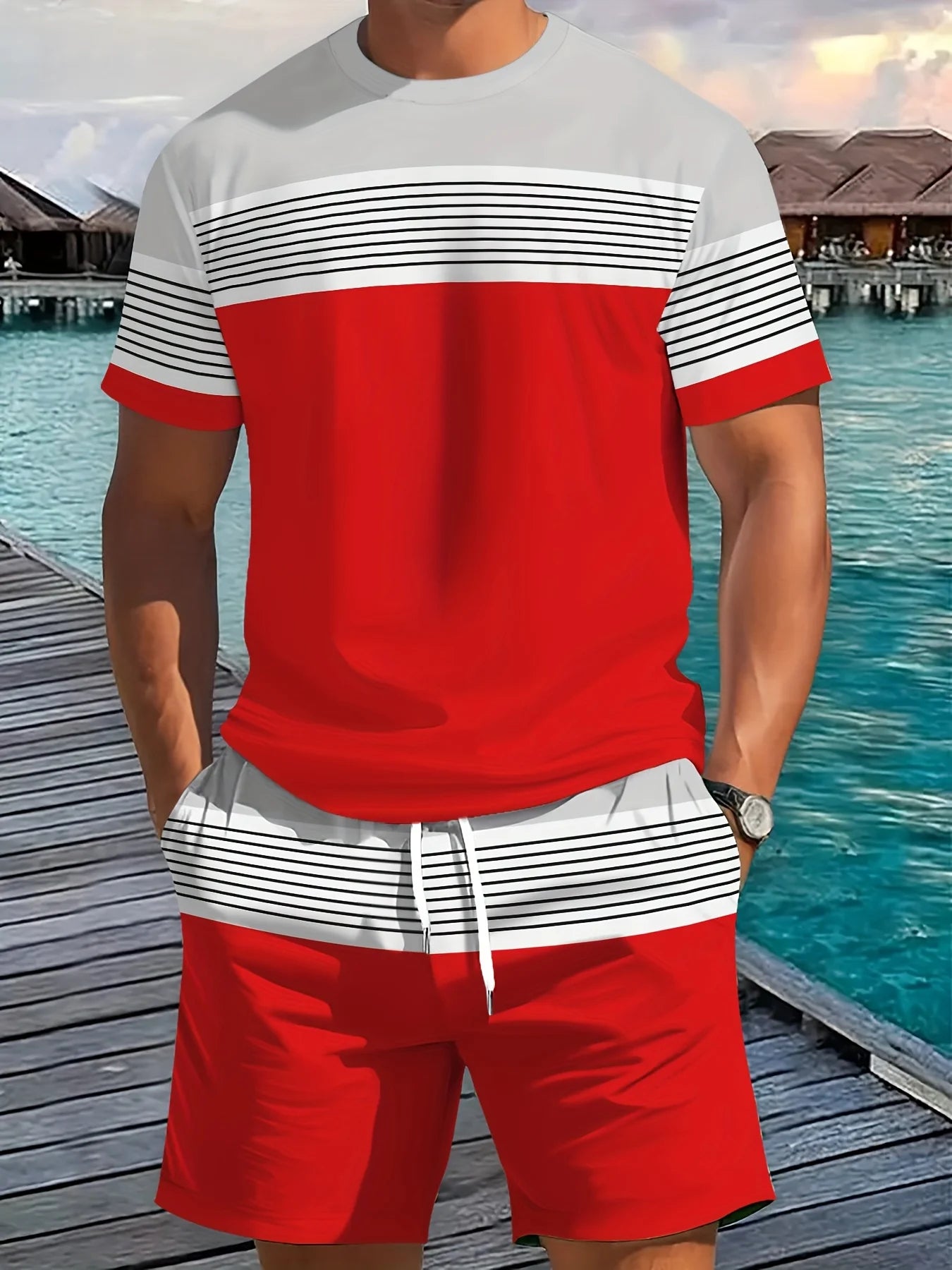 Nueva ropa deportiva de verano para hombre, conjunto de camiseta de manga corta a rayas, ropa de viaje al aire libre de dos piezas, pantalones cortos de ajuste relajado, ropa de entrenamiento