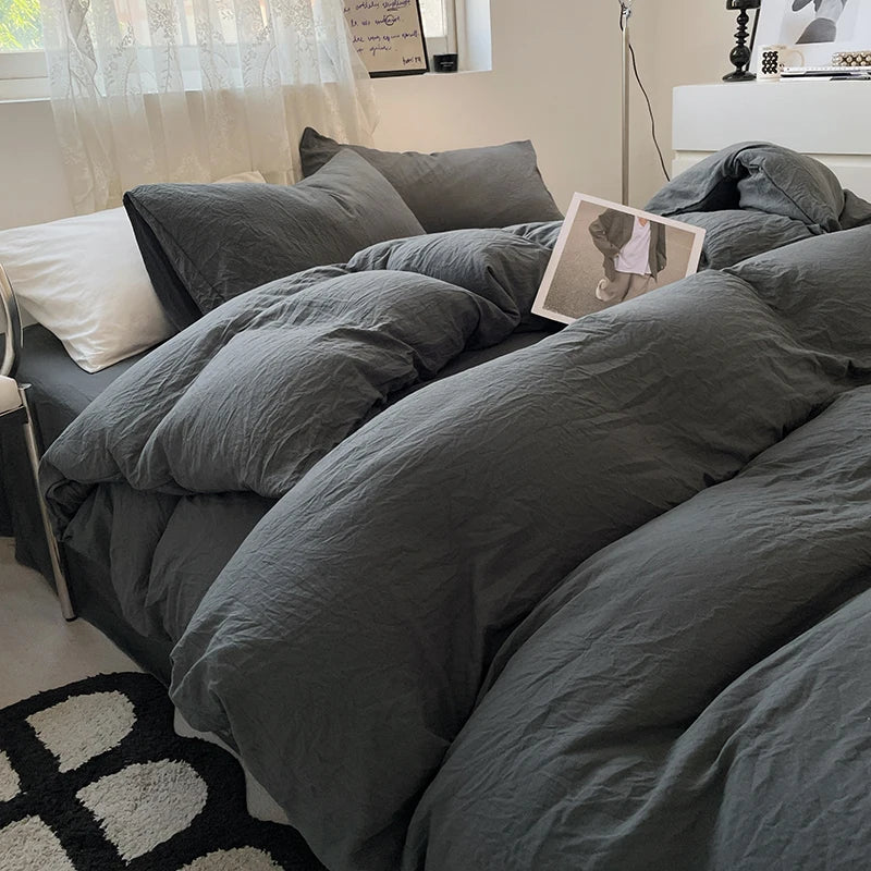 Juegos de fundas de edredón gris oscuro a la moda, fundas de edredón cepilladas, juegos de cama individual doble Queen, funda de almohada para niños, funda de edredón sólida