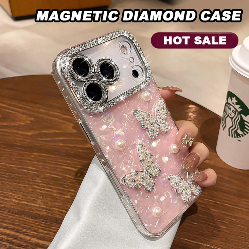 Funda de teléfono con purpurina y diamantes para iPhone 17 Air 11 12 13 16 Pro Max 15 14 16 Plus 17Pro Max, funda protectora de mariposa bonita