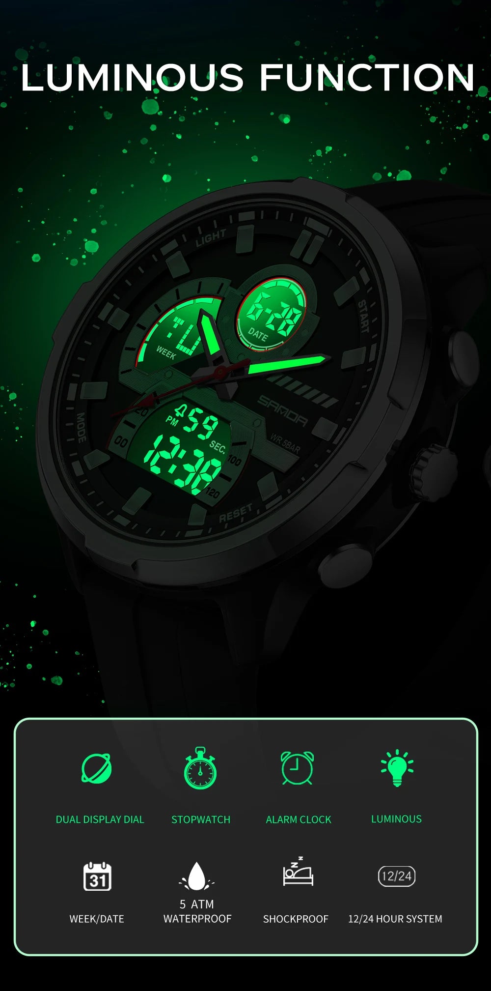 Reloj electrónico de cuarzo SNADA para hombre con pantalla Dual deportivo multifuncional LED resistente al agua reloj electrónico de cuarzo para hombre 9077