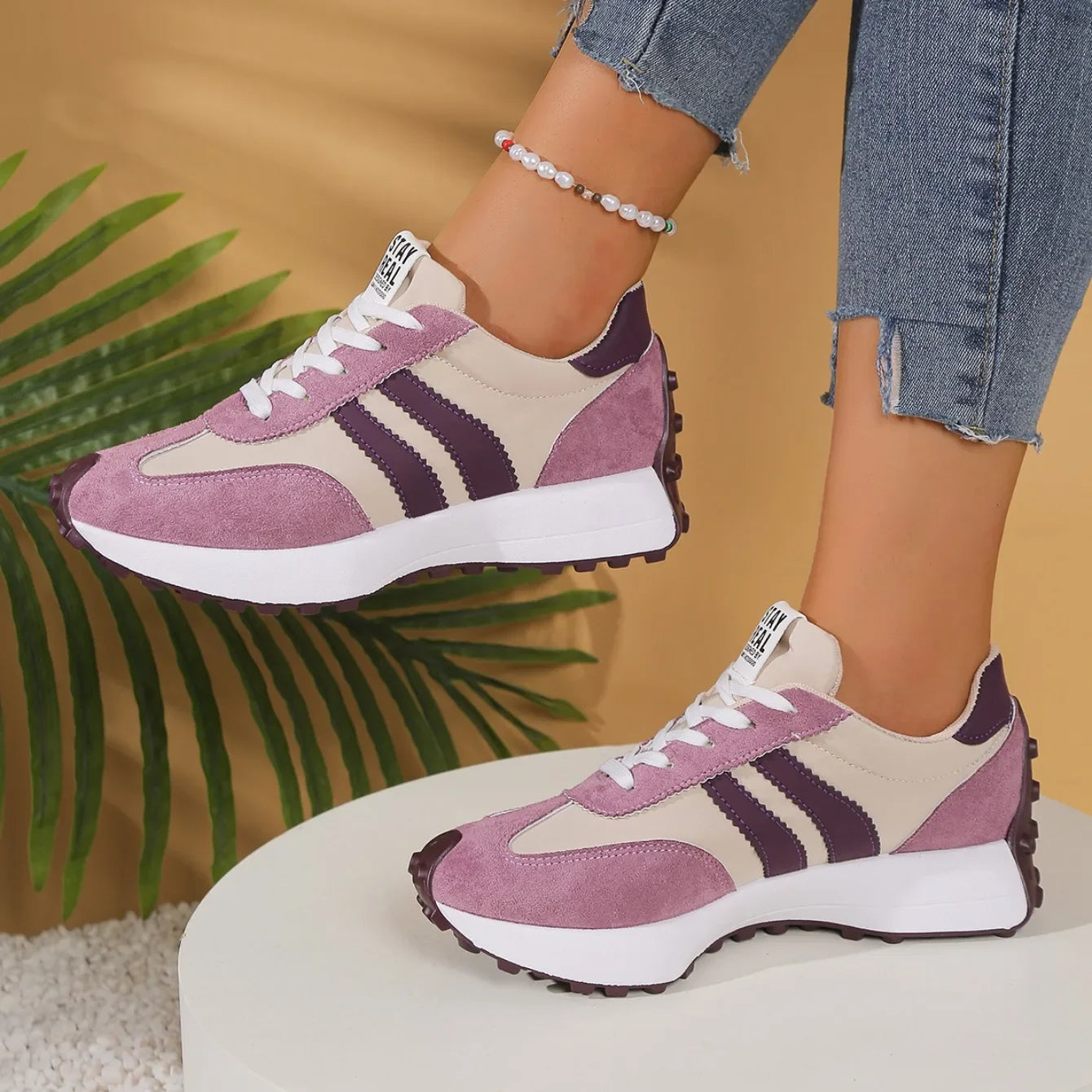 Zapatillas de deporte de fondo grueso para mujer, zapatillas de deporte informales de cuero con retales, zapatos cómodos informales para exteriores, primavera 2025