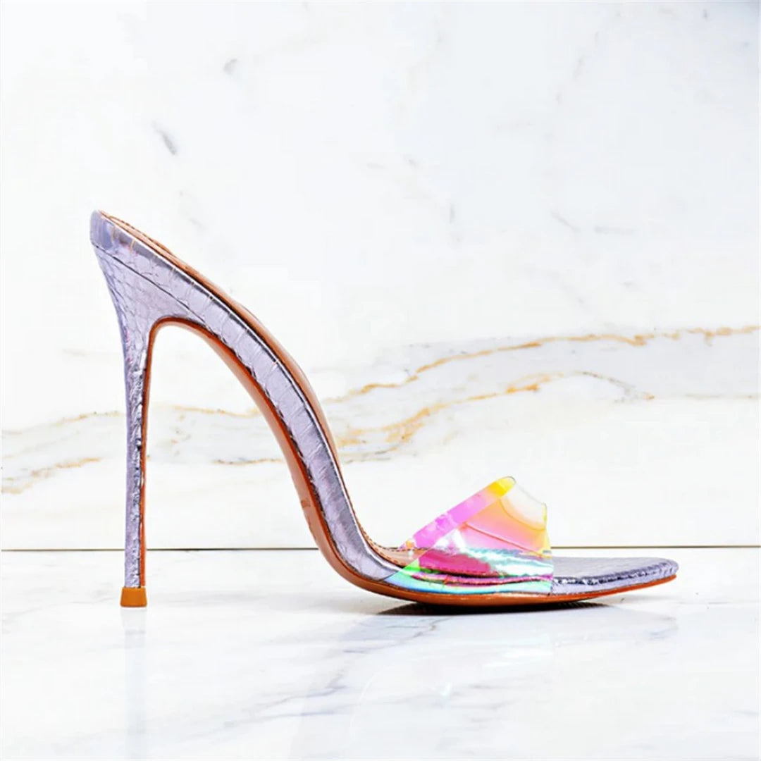 Novedad de verano, zapatillas sexis de moda de PVC transparente de charol puntiagudo, vestido de banquete de tacón alto fino, sandalia de mujer de gran tamaño