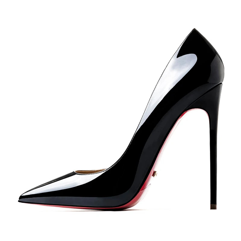 HLTINO, tacones altos de fondo rojo de 12cm, zapatos de lujo de cuero genuino, tacones de aguja súper altos para mujer con zapatos de tacón de primavera para mujer