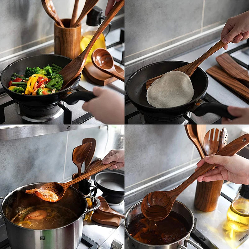 Cuchara de cocina de teca Natural, espátula de madera, juego de utensilios antiadherentes para cocinar con ganchos colgantes, herramienta de utensilios de cocina
