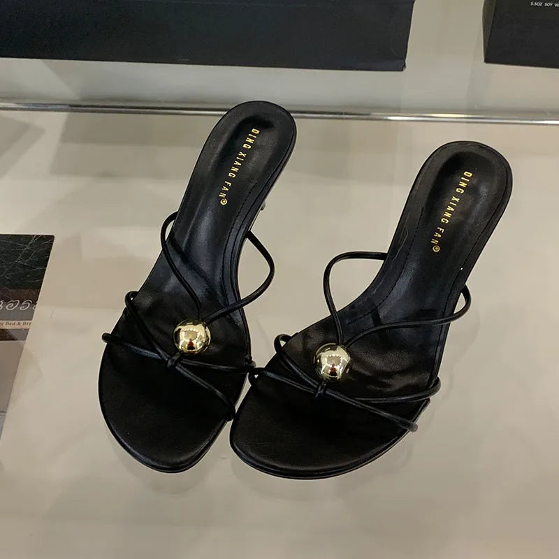 Zapatillas de tacón fino para mujer, sandalias de moda con punta redonda y tacón alto, novedad 2026