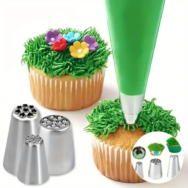 Juego de decoración de pasteles de acero inoxidable, puntas de glaseado sin costuras y boquillas para tuberías de hierba, Ideal para decoración de pasteles DIY, suministros para hornear, 3 uds.