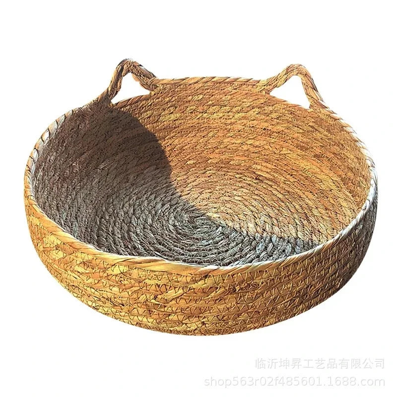 Cesta para gatos tejida de ratán con cojín suave, diseño de Donut redondo, nido para dormir cómodo y cálido para gatos y perros