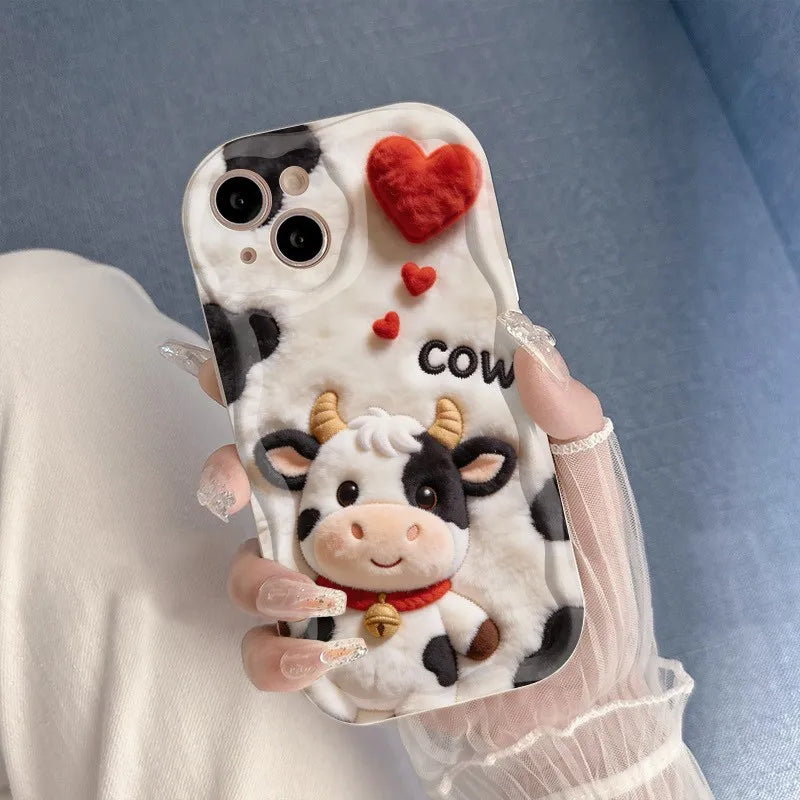 Funda de Teléfono con Diseño de Vaca de Dibujos Animados en Relieve para iPhone 17 16 15 14 13 12 11 Pro Max XS X XR 15 14 Plus 17 Air 16E, Cubierta Suave