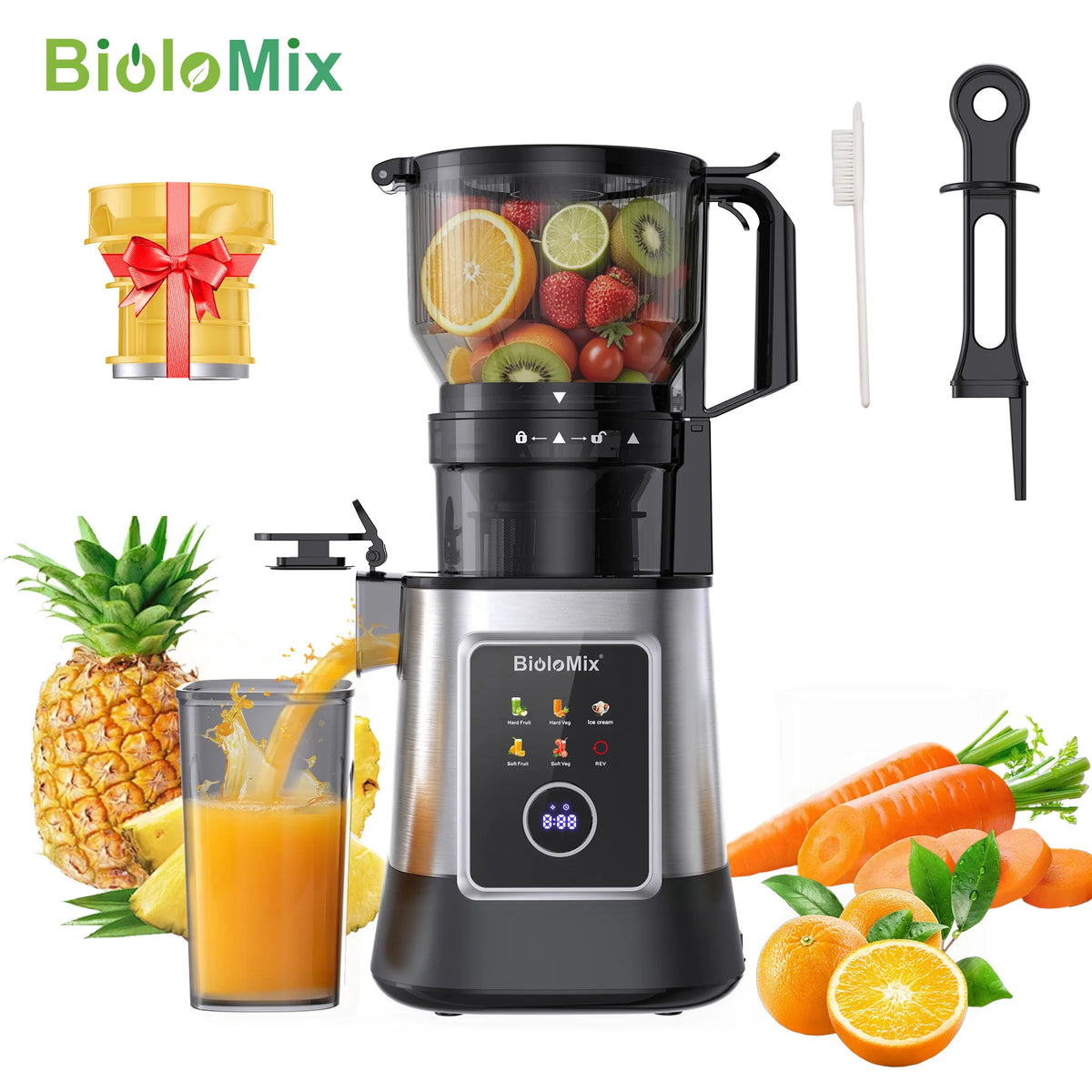 Extractor de Jugos Eléctrico Multifunción 3 en 1 BioloMix – Toma de Alimentación Ancha de 150 mm, Motor de 300 W con Pantalla Digital para Jugos Ricos en Nutrientes