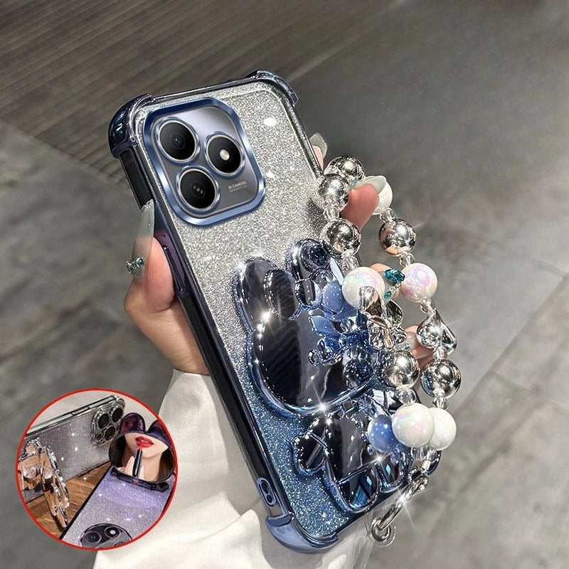 Funda de teléfono con soporte de espejo de conejo para Honor 400 pro 300 200 90 70 Lite X9C X9B con pulsera carcasa acolchada de Airbag de cuatro esquinas