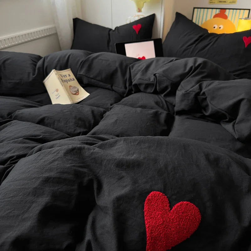 Juego de cama de algodón lavado, funda nórdica negra súper suave y fresca, toalla en forma de corazón, ropa de cama, fundas de edredón respetuosas con la piel, sábanas
