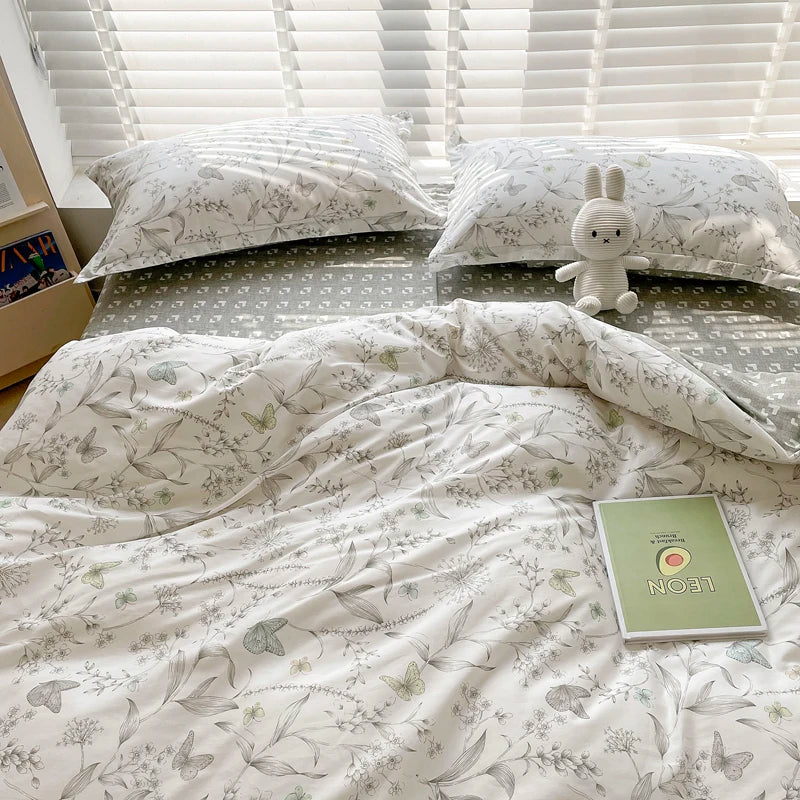 Juego de funda nórdica 100% algodón de 3 uds (1 funda nórdica + 2 fundas de almohada, sin núcleo), juego de cama con estampado de flores frescas, suave y cómodo