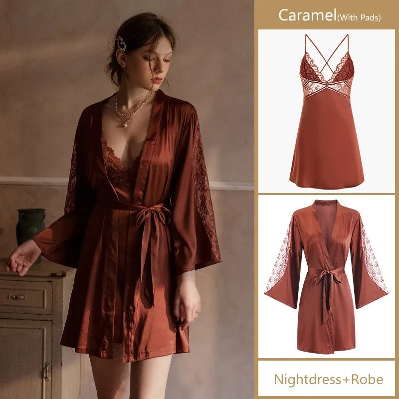 Sexy Intimate Lingerie Perspective Nightwear Lace Patchwork Home Wear Robe Suit Lady Kimono Gown Sleepwear Satin Nighty Bathrobe