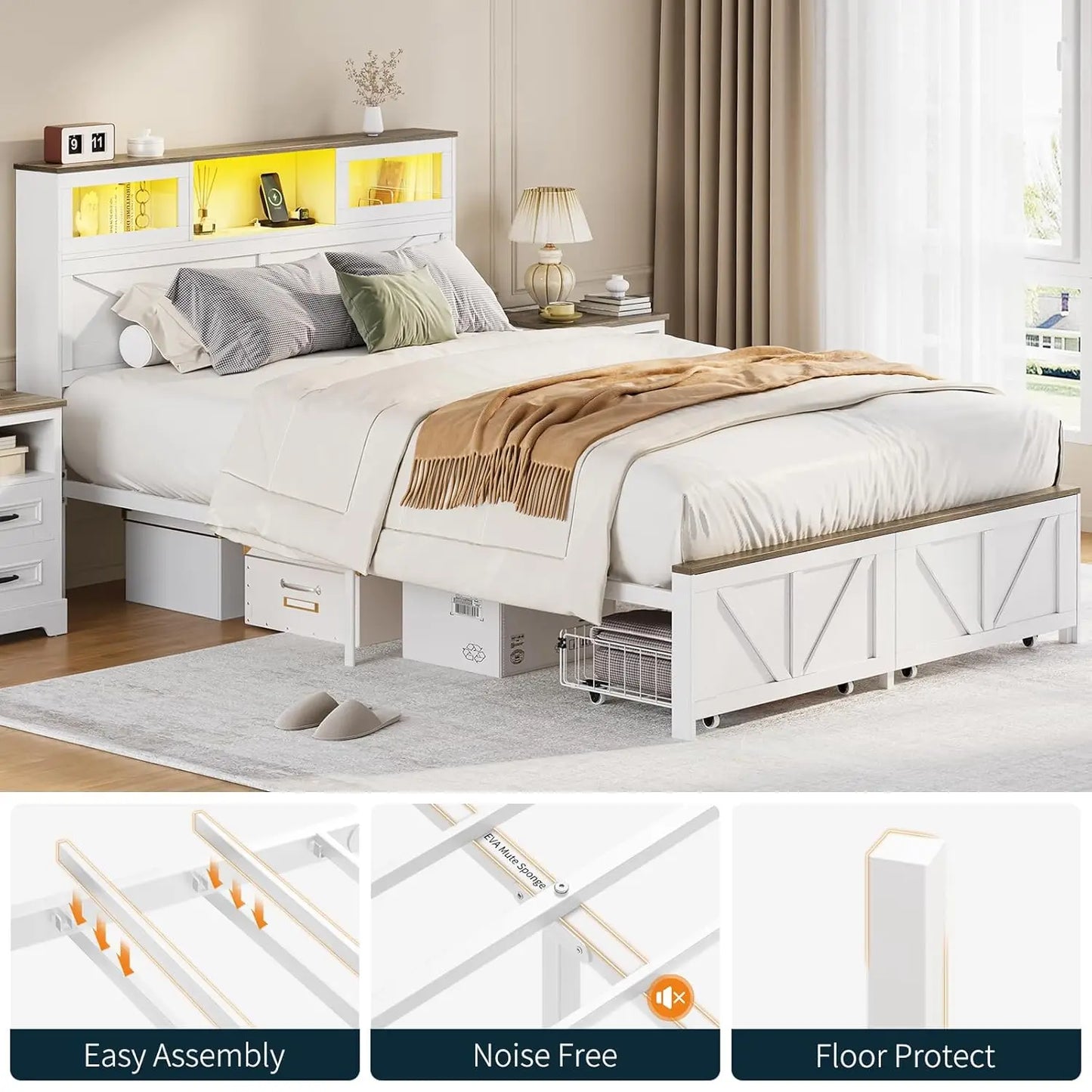 Base de Cama Matrimonial con Cabecero, Base de Cama Matrimonial con Estación de Carga, Camas LED con 2 Cajones de Almacenamiento, Base de Cama de Madera Estilo Rústico