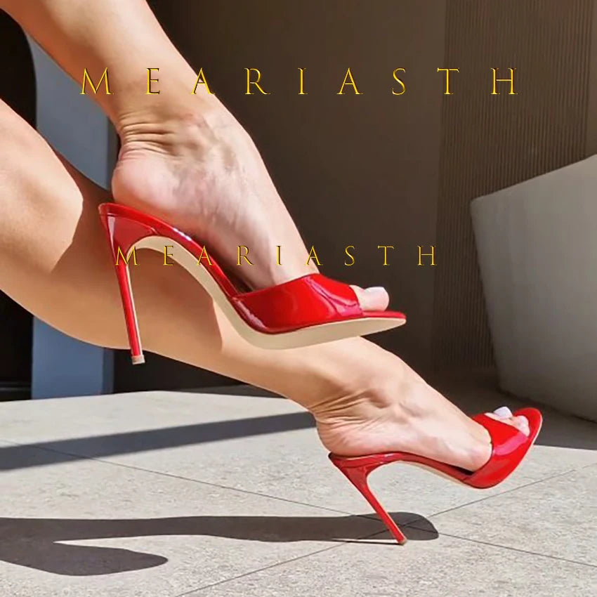 Sandalias de tacón de charol rojo, Sandalias poco profundas sin cordones, tacones sexis sólidos, zapatos de tacón de aguja de verano de 10CM, Sandalias con punta abierta y una correa